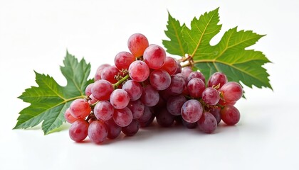 Fototapeta premium Close-up of red grapes with green leaves on white background. Fresh juicy fruit for healthy eating, winery or agriculture business promo. Bunch of grapes.