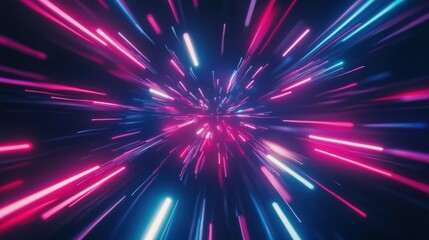 Abstract light streaks radiating outwards, creating a dynamic, vibrant burst of pink and blue neon energy against a dark background.