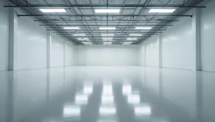 Big empty warehouse interior, shiny white floors. Modern industrial room with no people. Huge space inside, metal structure, distribution, manufacturing, plant, depot, commercial stall for cargo