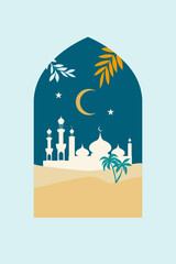 Islamic window with islamic view in boho style and modern design. Frame with arabic muslim landscape for Ramadan Kareem and Ied Mubarak.