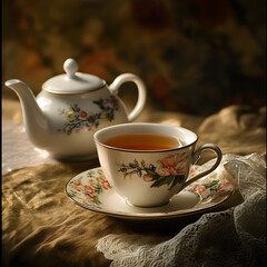 Fototapeta premium Elegant Tea Time: A beautifully lit image of a delicate tea cup and matching teapot, each adorned with floral patterns, inviting you to savor a moment of refined relaxation and sensory delight.