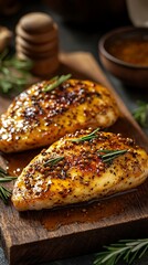 Grilled Mustard Chicken Breast on Wooden Board, sauce, rosemary