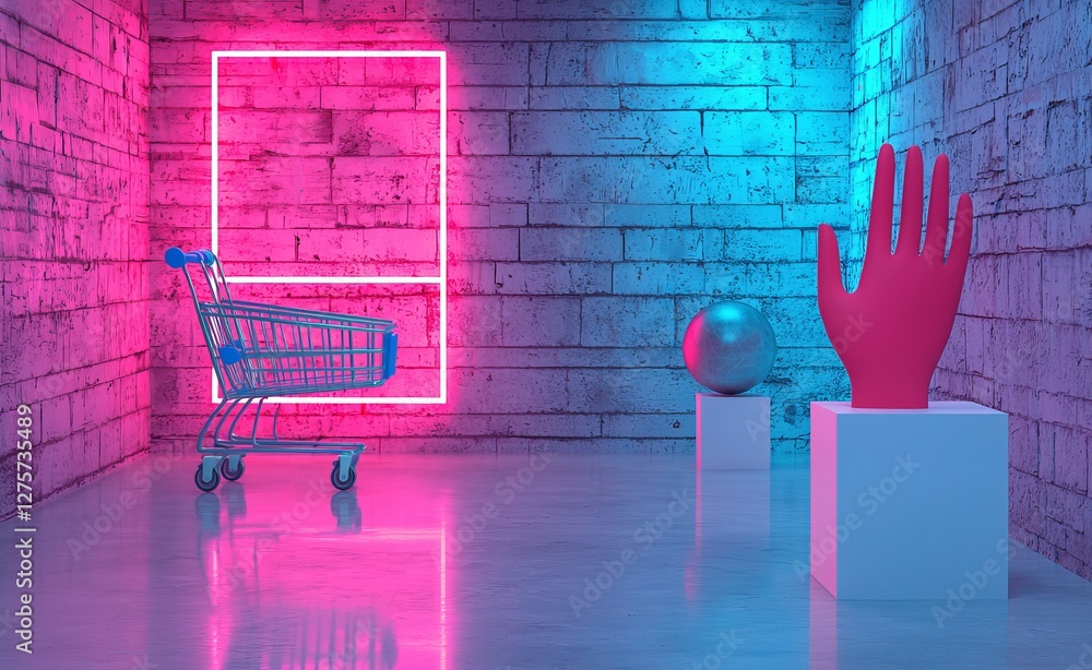 Poster a shopping cart and geometric forms are illuminated by a red-blue neon gradient light emanating from
