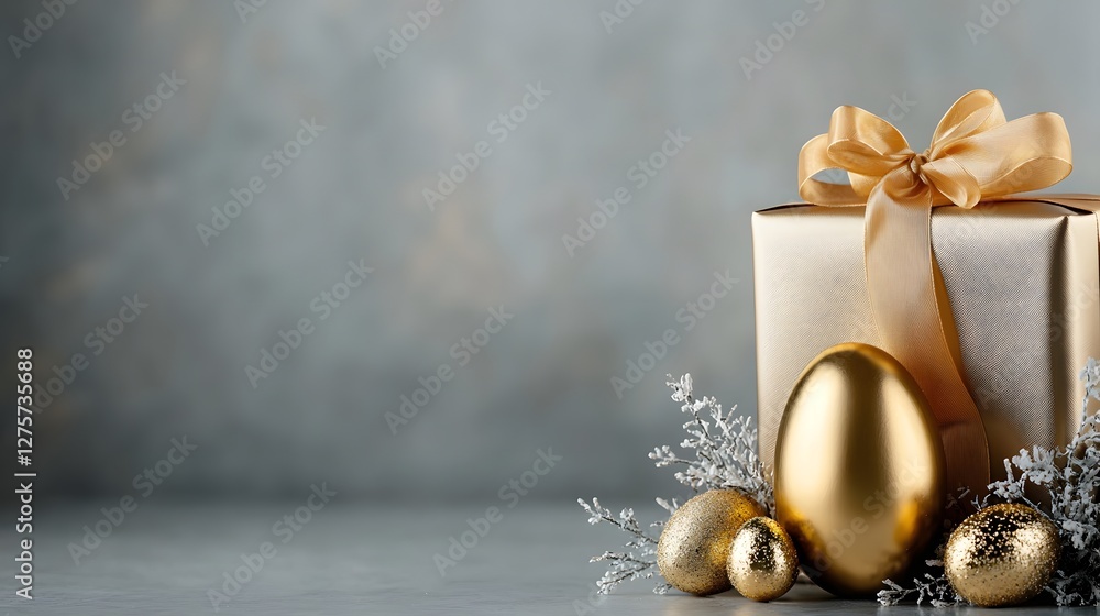 Poster elegant golden easter egg with a shimmering metallic finish wrapped in a soft satin ribbon and place