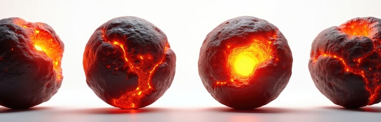Set of hot lava planets isolated on transparent background. Magma balls with fire liquid rock. Volcano hell stone crust glowing yellow explosion orange light. Fiery universe.