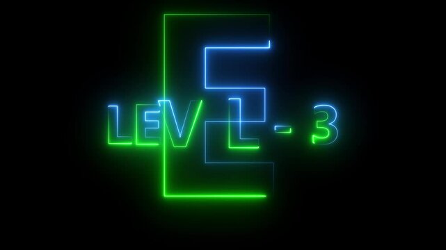 Level 3 text font with neon light. Level Up neon sign. neon letters spelling out level Up appear on screen display animation.