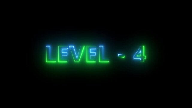 Level 4 text font with neon light. Level Up neon sign. neon letters spelling out level Up appear on screen display animation.