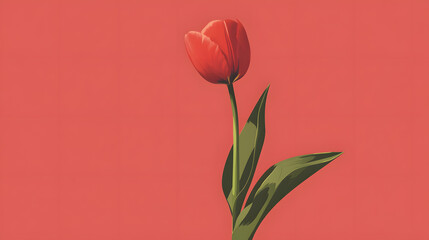 Single red tulip on green stem, minimalistic floral design against vibrant coral backdrop, perfect for nature-themed projects.