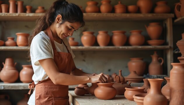 Young hispanic woman works in ceramic studio, produces pottery items. Small business entrepreneurship in art in Mexico, Latin America. Attractive ceramist at workshop makes handcraft pots.
