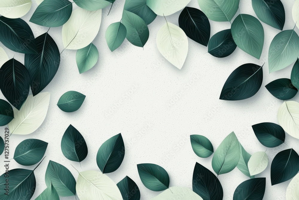 Poster an elegant arrangement of leaves in varying shades of green and white, creating a serene and invitin