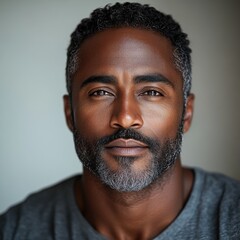 Obraz premium Portrait of a mature man with a thoughtful expression and salt-and-pepper beard, showcasing strength and confidence, against a neutral backdrop