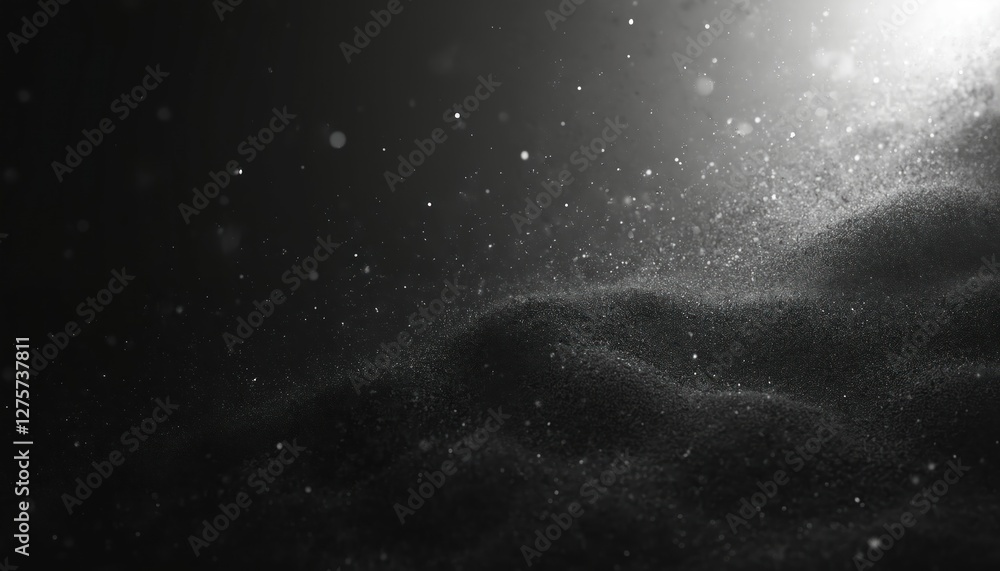 Poster Black textured matte background with floating dust particles, illuminated light depth, contrast. Subtile shadow gradient abstract design suits modern, elegant, artistic projects, wallpaper, graphic