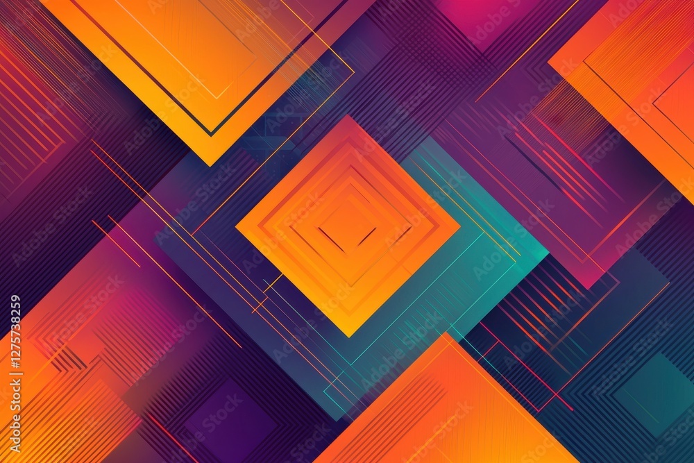 Poster a dynamic abstract background featuring geometric shapes and vibrant colors, with a layered design c