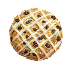Golden raisin pastry with icing drizzle, soft and sweet, isolated on a transparent background.