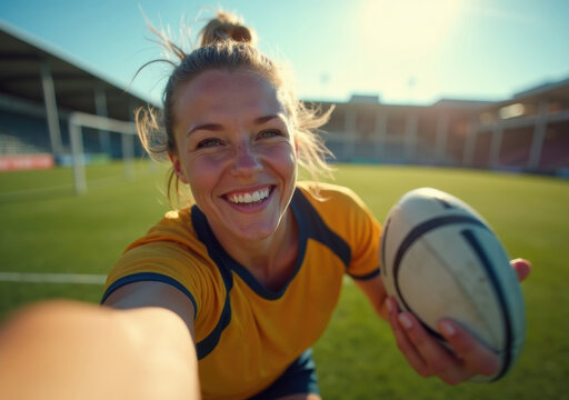 Smiling female rugby player celebrates on the field after a game