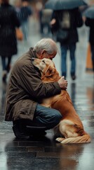 Obraz premium Emotional reunion between elderly man and golden retriever in a rainy city street surrounded by pedestrians