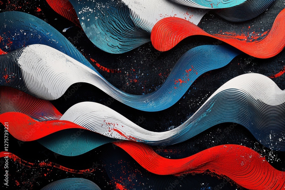 Poster abstract art with flowing, dynamic waves of red, white and blue paint, creating a sense of motion ag