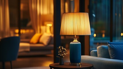 Elegant Blue Table Lamp Illuminates a Cozy Home Interior