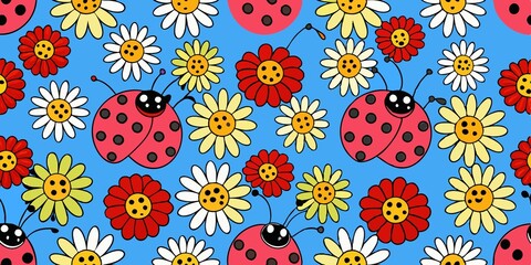 Seamless pattern with flowers and ladybugs. Bright colors. Ideal for gift wrapping or children's crafts.