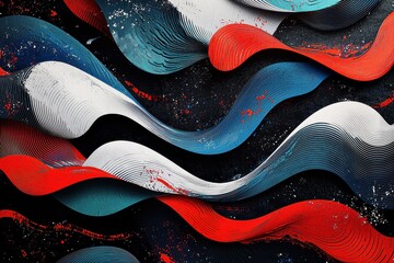 Obraz premium Abstract art with flowing, dynamic waves of red, white and blue paint, creating a sense of motion against a contrasting dark, textured background with splashes.