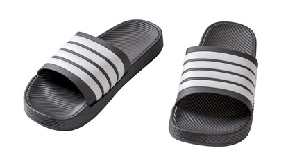Pair of rubber slide sandals cutout. New gray slippers isolated on white background. Beach flip flops for hot weather and summer vacation. Shoes for pool or shower.