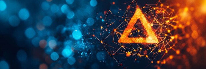 Abstract Orange Road Sign Over Connected Dots and Lines on a Blurry Glowing Blue Red Gradient