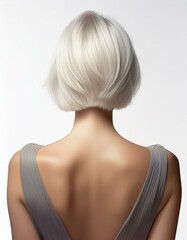 Obraz premium studio portrait of a blonde woman with short hair wearing a grey dress with bare back on a white background, back view 