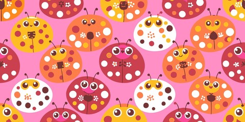 Seamless pattern with flowers and ladybugs. Bright colors. Ideal for gift wrapping or children's crafts.