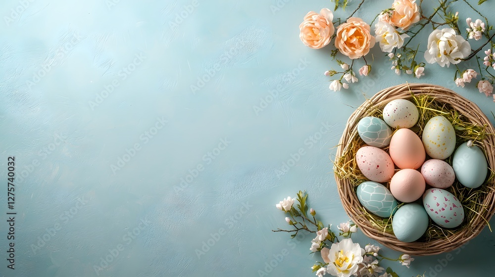 Aufkleber a beautifully arranged wicker basket overflowing with vibrant colorful easter eggs set against a sof