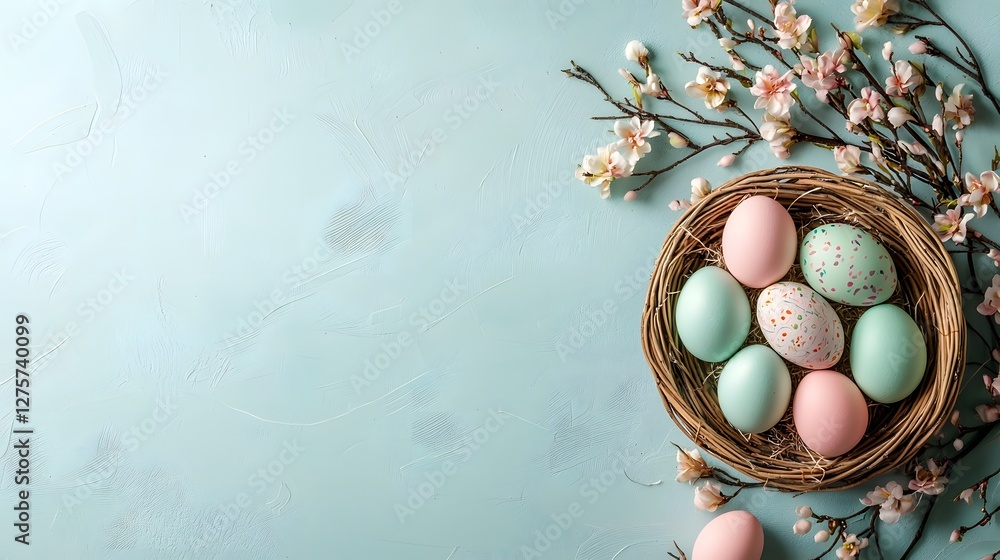 Aufkleber wicker basket filled with an array of colorful and vibrant easter eggs artfully arranged in one corn