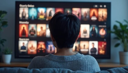 Person overwhelmed by choice of streaming services, sits front of smart TV screen. User chooses video, movies from menu. Diversity, abundance entertainment options. Smart home automation.