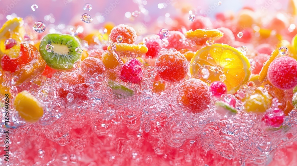 Poster vibrant assortment of fresh fruits splashing in sparkling water, creating a refreshing scene