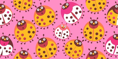 Seamless pattern with flowers and ladybugs. Bright colors. Ideal for gift wrapping or children's crafts.