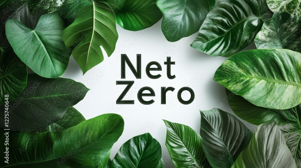 Poster create net zero message surrounded by lush green leaves