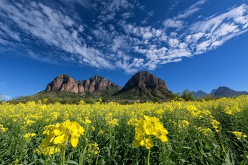 A yellow flower is prominently displayed in a rural setting under a clear sky
