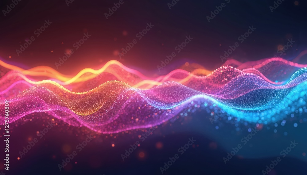 Poster colorful neon light waves represents sound data visualization against dark background. vibrant abstr