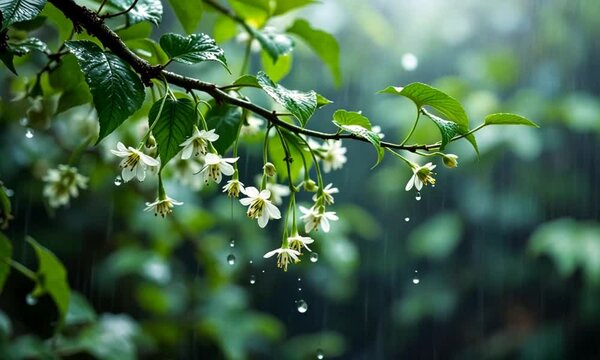 Rain-soaked blossoms on branch, garden background, spring freshness, nature wallpaper