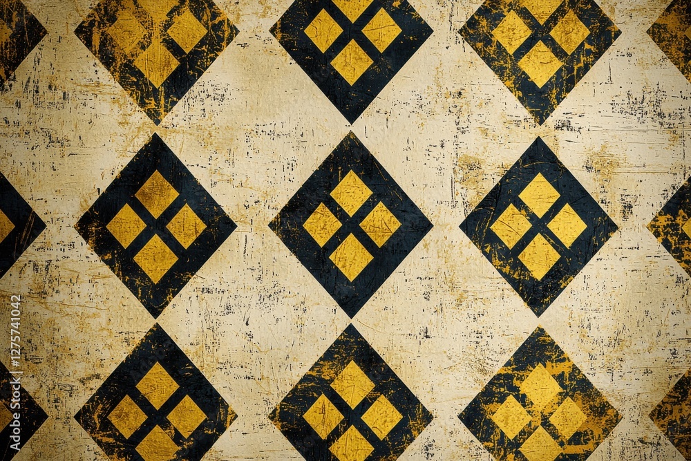 Poster a textured geometric pattern with gold diamonds on black squares, creating an antique, and visually 