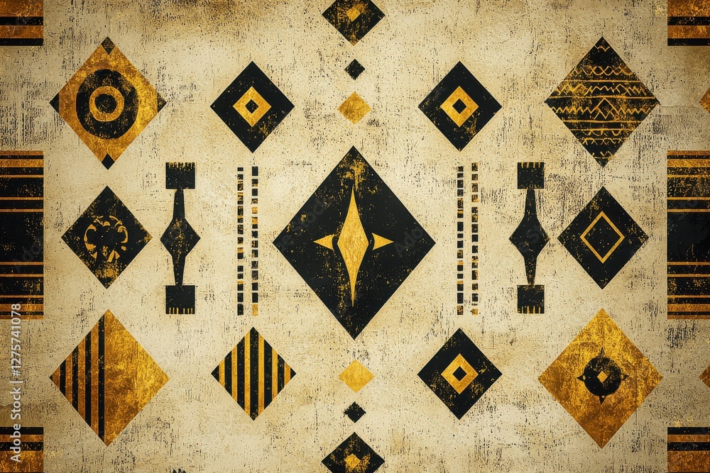 Poster an intricate background with geometric patterns featuring gold and black colors, creating a visually
