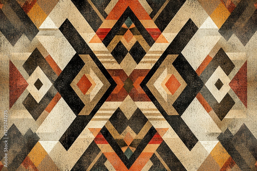 Poster abstract geometric pattern with tribal influences and symmetrical composition, featuring a warm colo