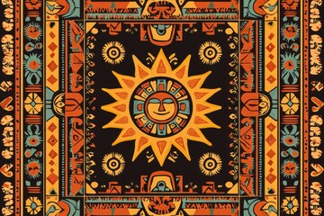 Smiling sun deity in an ornate tribal pattern with earthy hues, reflecting a vintage aesthetic and the spirit of ancient civilizations, creating a mystical backdrop.