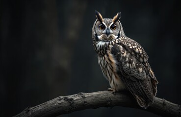 Fototapeta premium Majestic owl perches on a tree branch in darkness. Nocturnal bird with striking orange eyes stares ahead. Wildlife predator observing prey in natural habitat.