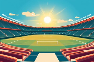 Sunny stadium, empty field, bright sky, game prep