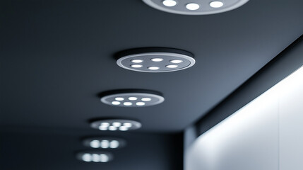 The image highlights an LED ceiling light mounted on a gray ceiling, emphasizing the clean and efficient lighting source.