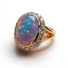 An elegant gold ring featuring a luminous opal gemstone surrounded by sparkling diamonds, showcased against a clean white background highlighting its beauty.