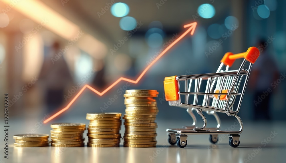 Poster rising sales graph with shopping cart on coin stacks for e-commerce growth. online sales increase, r