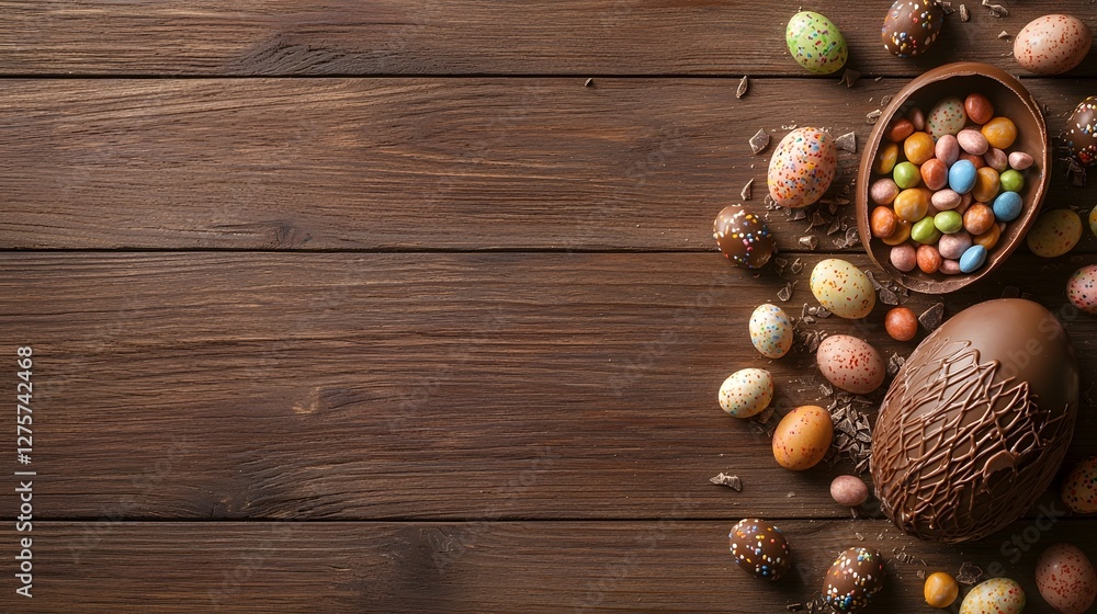 Aufkleber Close up of a cracked open chocolate Easter egg revealing a vibrant assortment of colorful candies nestled inside placed on a rustic wooden table with negative space for text or design elements