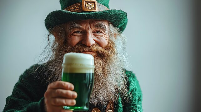 Cheerful leprechaun enjoying green beer.