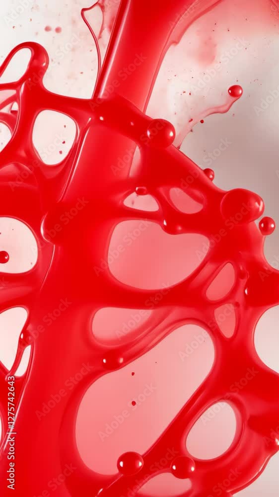 Poster abstract red liquid splash with droplets on a white background, dynamic fluid motion with copy space