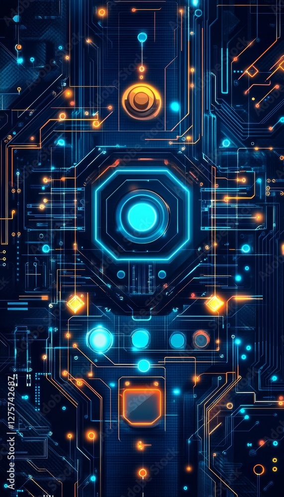 Poster geometric circuitry luminous nodes and intricate patterns on a deep blue technology background
